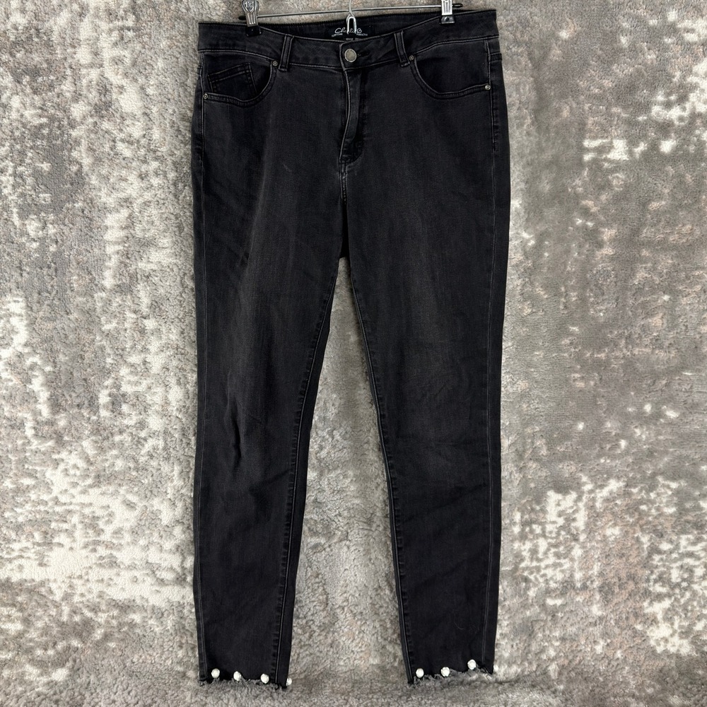 Charlie B Size 12 Pearl Trim Frayed Hem Skinny Denim Jeans Black Women